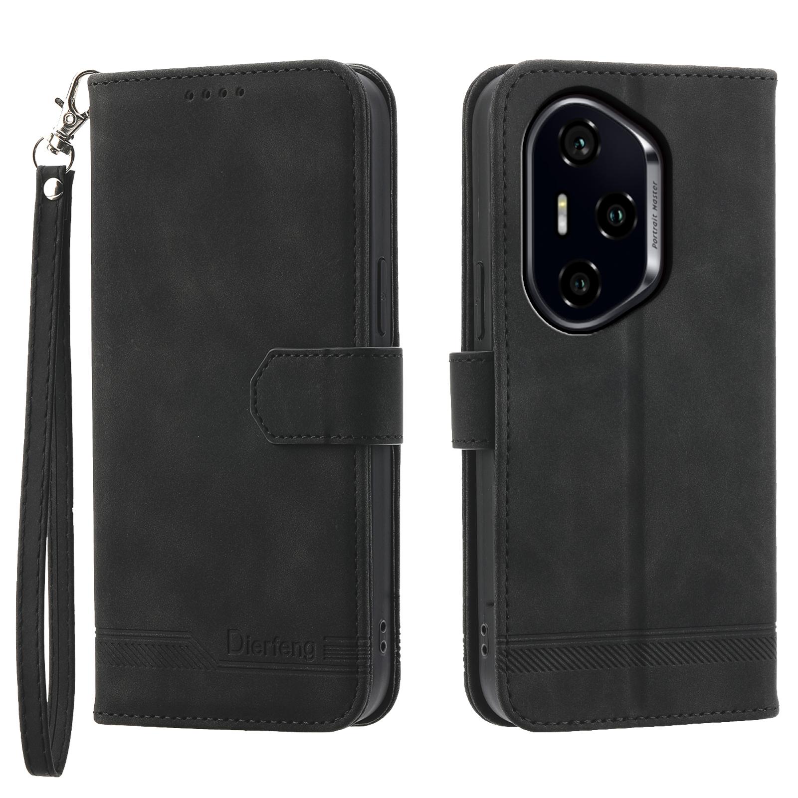 

DIERFENG DF-03 For Honor 300 Pro/300 Ultra Leather Case Lines Imprint Wallet Phone Cover Black