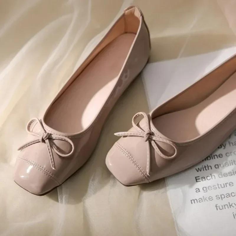 Fashion 2024 Retro Bow Patent Leather Women's Ballet Flats Autumn Slip-On Casual Shoes Round Toe Burgundy Loafers Zapatos De Mujer