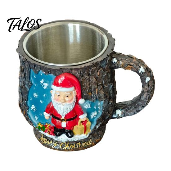Christmas Mug Decorations Theme with Stainless Steel Liner, 3D Relief Hand Creative Holiday Gifts Painted Resin Coffee Cup, Decorative Drinkware