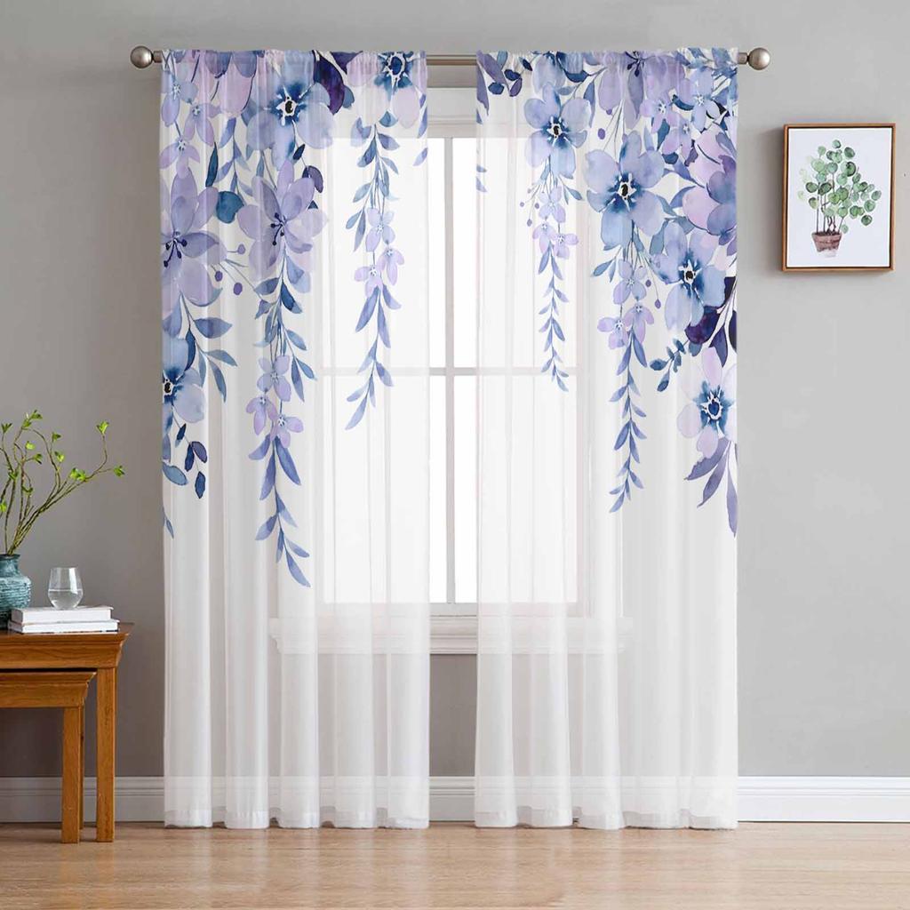 Fenstervorhänge mit Blumen-Aquarell, Blattknospe, für Wohnzimmer, Schlafzimmer, Küche, Chiffon, durchsichtige Fensterbehandlung