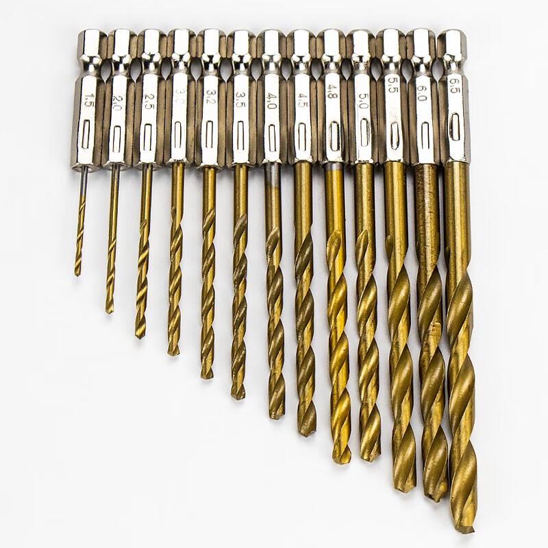 Haisidick 13-Piece Titanium Plated Hex Shank HSS Twist Drill Bit Set