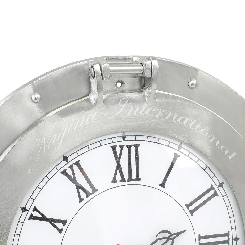 Nagina International Brushed Nickel Aluminum Metal Roman Porthole Clock | Nautical Navy Decor Gifts (12 Inches) TA8-S4Q-MHW
