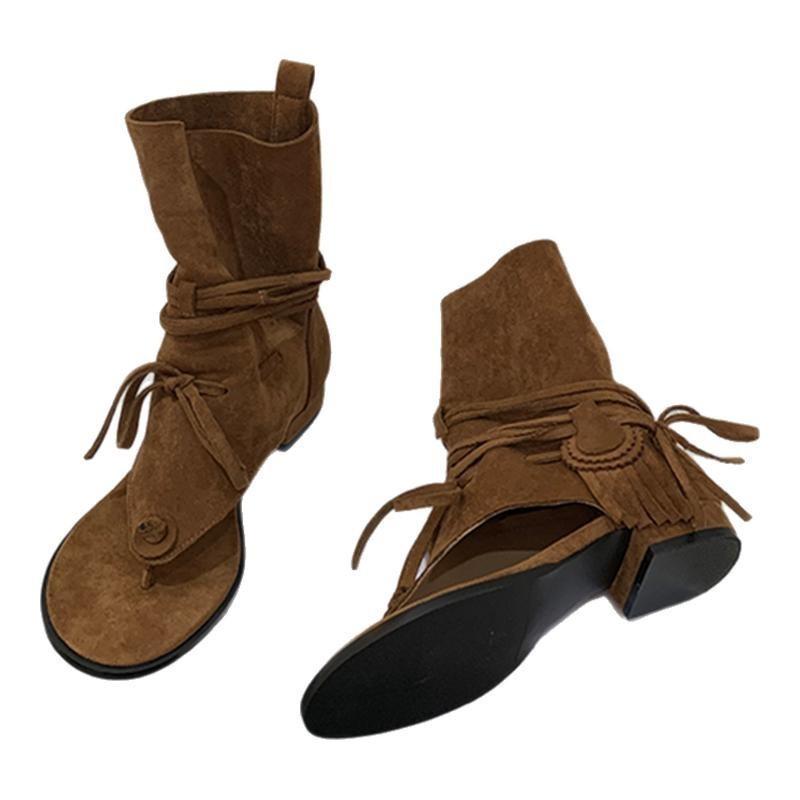 Cool boots women's summer women's boots pinch boots low heel short tube open-toed sandals French suede short boots women