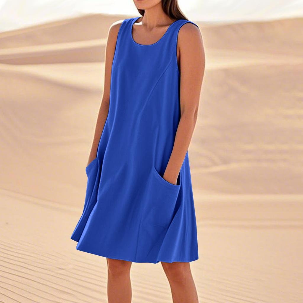 Sommerkleider für Damen, lockerer Strandurlaub, lässig, ärmellos, Sommerkleider mit Taschen, Tankkleid