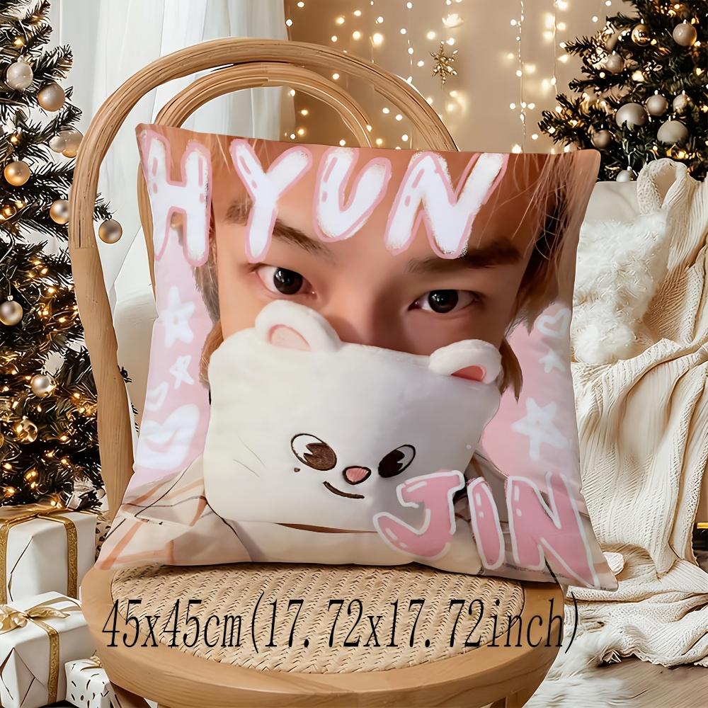 Hyunjin Graphic Pillow Cover Pink Pastel Star Heart Pattern Decorative Pillowcase For Sofa Bed Bedroom Fan Gift