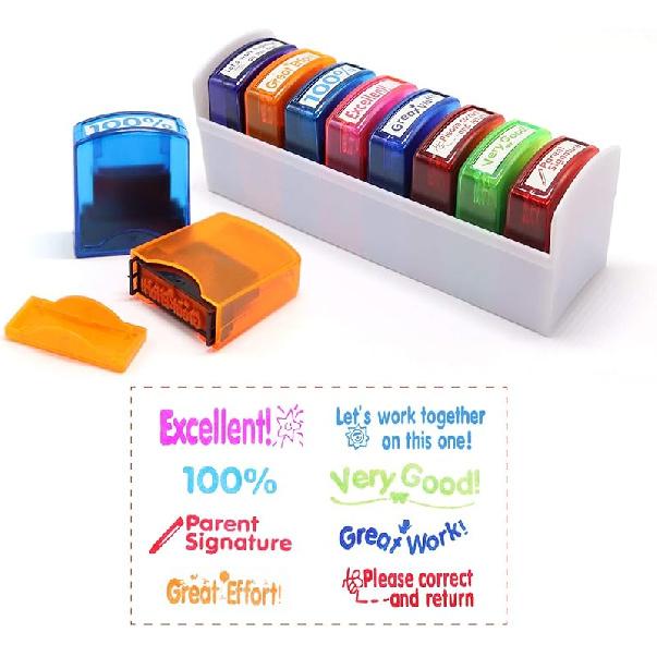 Reliancer Colorful Self-Inking Motivation School Grading Teacher Stamp Set and Tray (8-Piece)