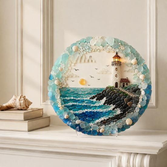 Textured Ocean Art for Home Lighthouse Sea Glass Wall Ornament, Hand Assembled Shells And Tumbled Entryway Seaside Focal Point Decor,