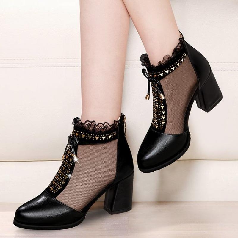2026 Elegant High Heels Mesh Bow Summer Shoes High Heel Women Sandals Fish Mouth Black Leather Sandal Ankle Boots Luxury Fashion