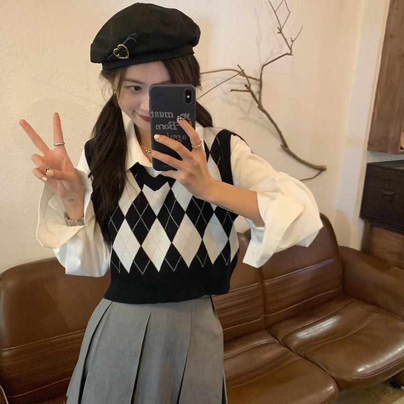 Korean Basic V-neck Argyle Cropped Sweater Spring Autumn Loose Sleeveless Streetwear Pullover Sweater Vest Casual Sweater Women