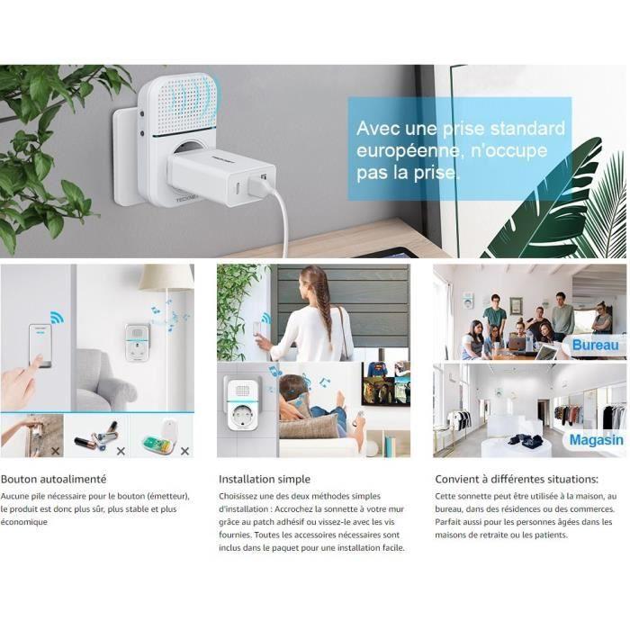 Sonnette sans fil - tecknet - 400m - ip44 étanche - fonction de charge - émetteur auto-alimenté
