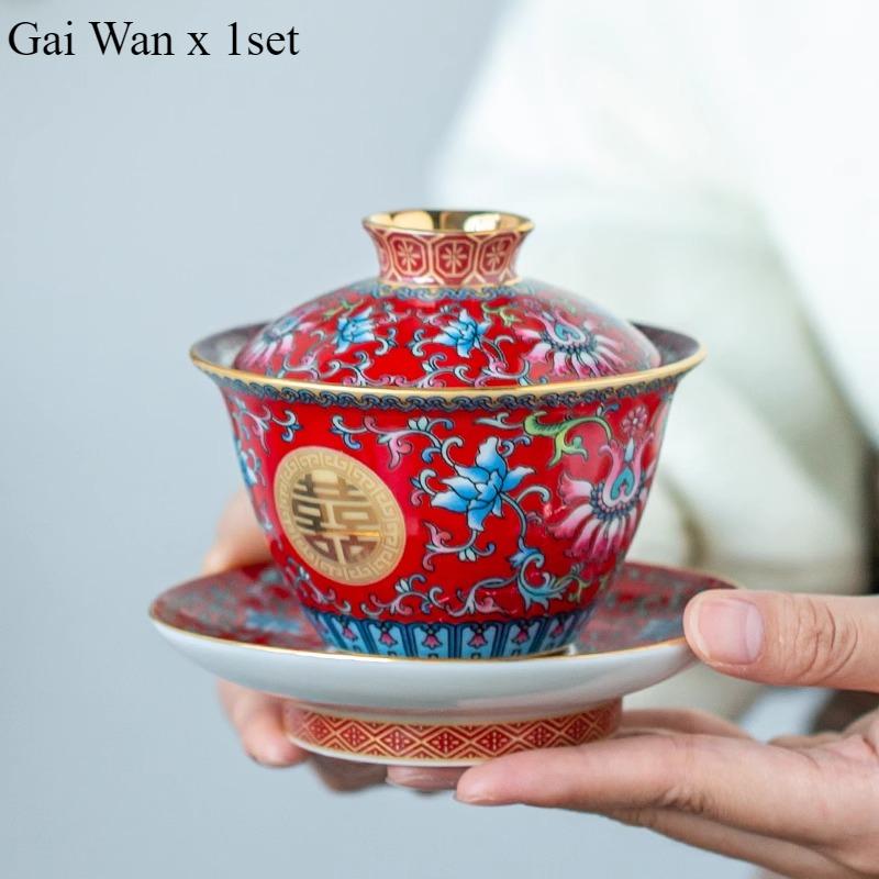 Chinese Retro Style, Chinese Red Wedding Tea Set, Enamel Ceramic, Xi Printed, Bringing Joy and Auspiciousness Gaiwan Tea Set