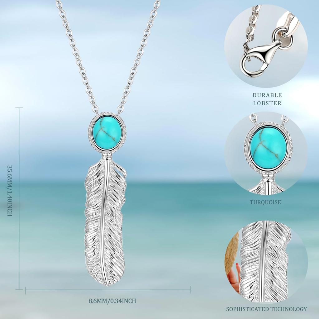 FANCIME Feather Turquoise Necklace in S925 Hawaiian Good Luck Perfect for White and Gift Wrapping Included Women's Silver, Jewelry, Charm, Day,