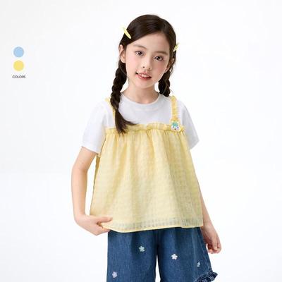 Girls' Faux Two-Piece Plaid Short Sleeve Shirt