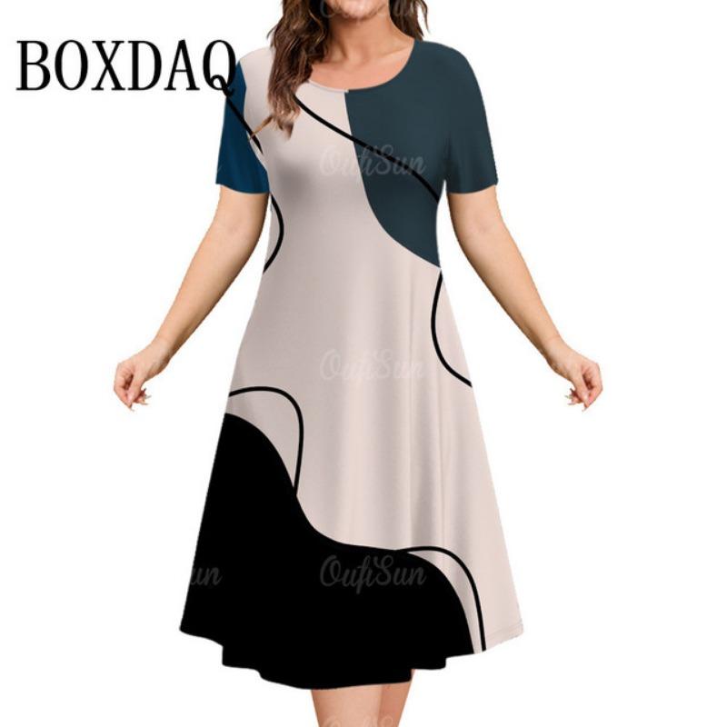 

Женская одежда Женское платье с коротким рукавом Свободные платья с принтом в виде 3D-полосок Модная одежда Летний повседневный сарафан Платье-трапеция 4XL