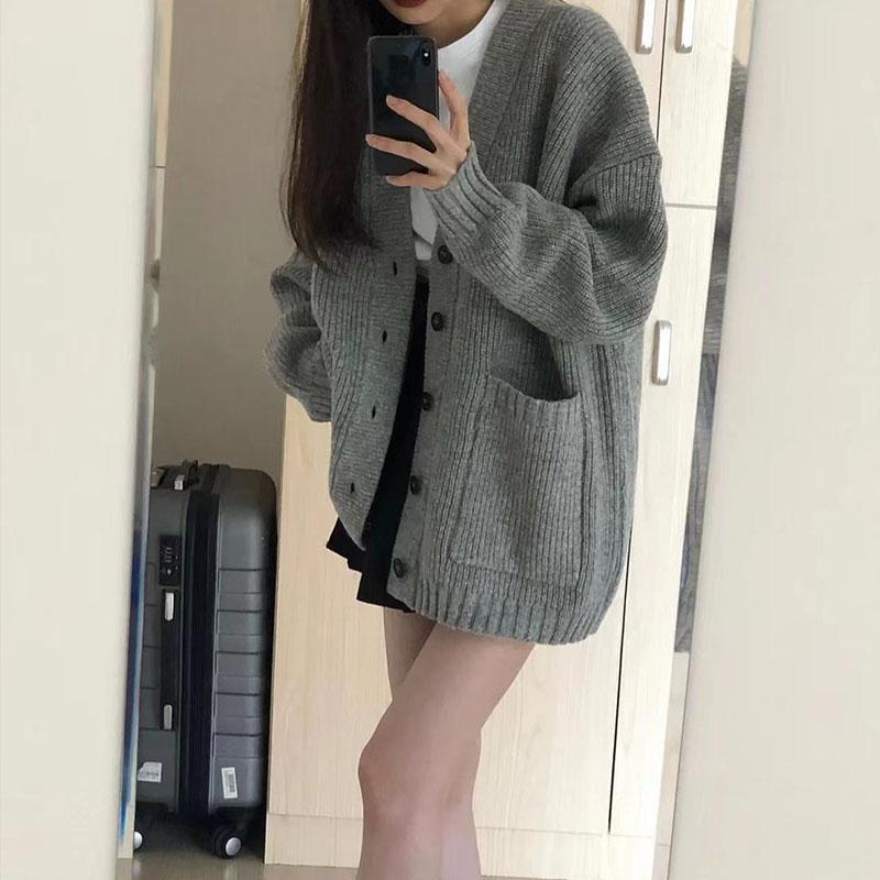 Autumn/Winter College Style Sweater Cardigan Female Student Korean Loose V-neck Versatile Solid Knitted Coat Sweater Cardigan