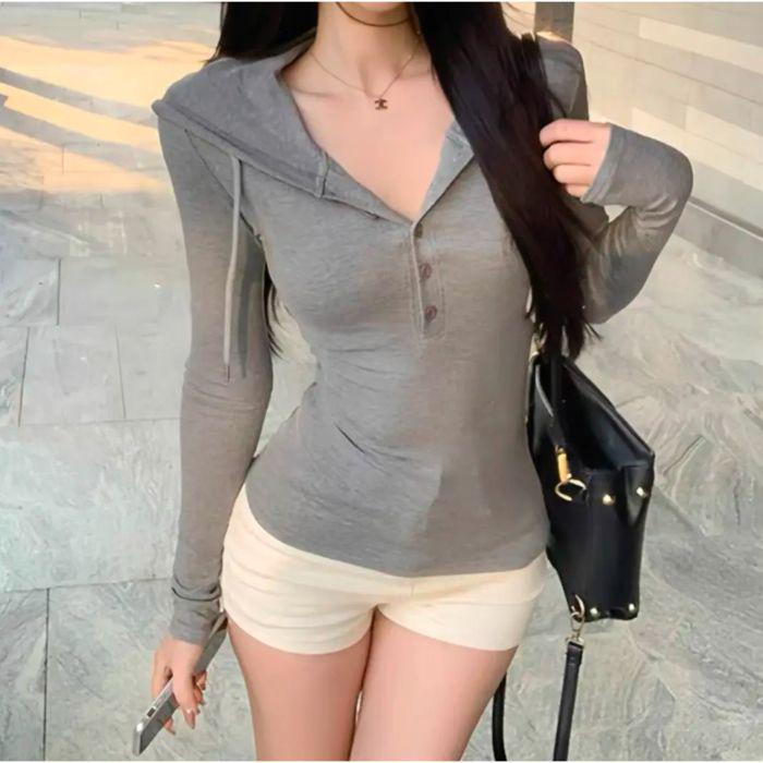Minimalist Slim Fit Hoodie: Spring/Autumn Long Sleeve, Waist-Hugging, Half Button Top for Women