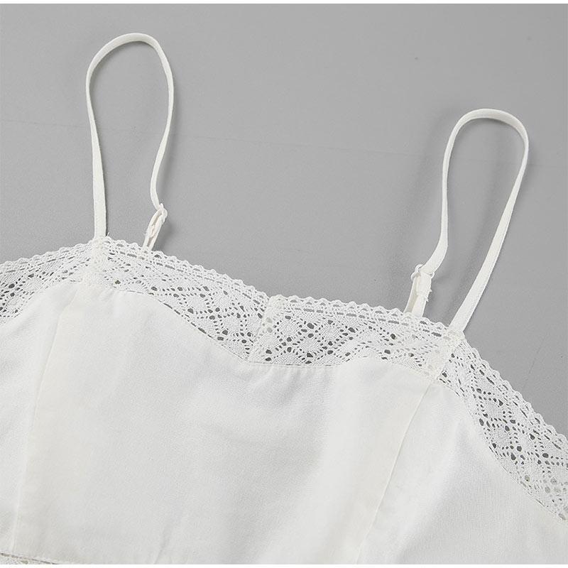 Summer Lace White Cotton and Linen Women's Suit Holiday Beach Suspender Square Neck Short Top + Mid Skirt Two-piece Set