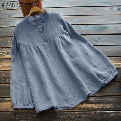 Women Casual O-neck Solid Color Long Sleeve Cotton Blouse