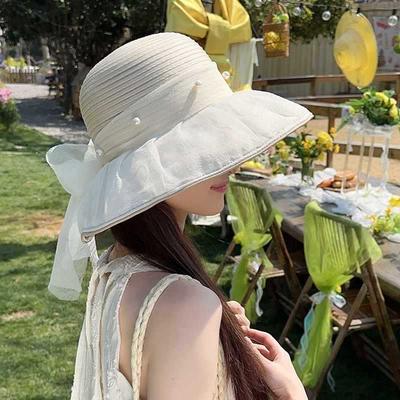 Hat Female Sunshade Big Brim Bucket Hat Mesh Bow Summer Sunscreen Breathable Sun Hat
