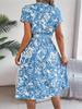 V Neck Printed Button Dress Waist Hugging Elegant Stringy Selvedge Dress for Women Batwing Sleeve Loose Dresses Causal Dress