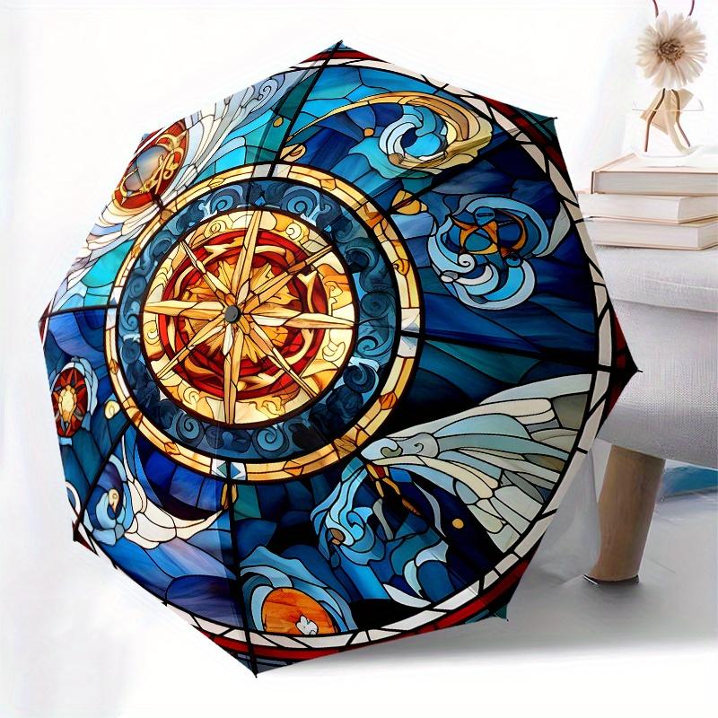 Stained Compass Rose Window PanelUmbrella, Portable 3-Fold Compact Umbrella for Men & Women Gift