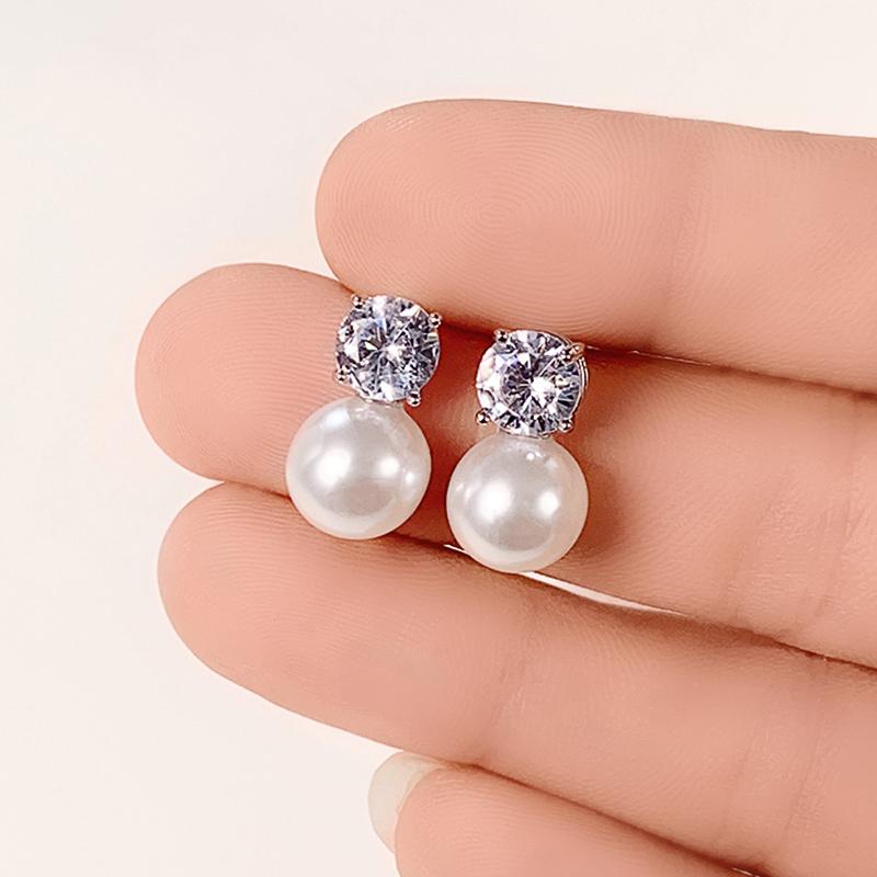 Huitan Dainty Women Imitation Pearl Stud Earrings Silver Eternity Wedding Earrings Daily Wear Temperament Elegant Jewelry