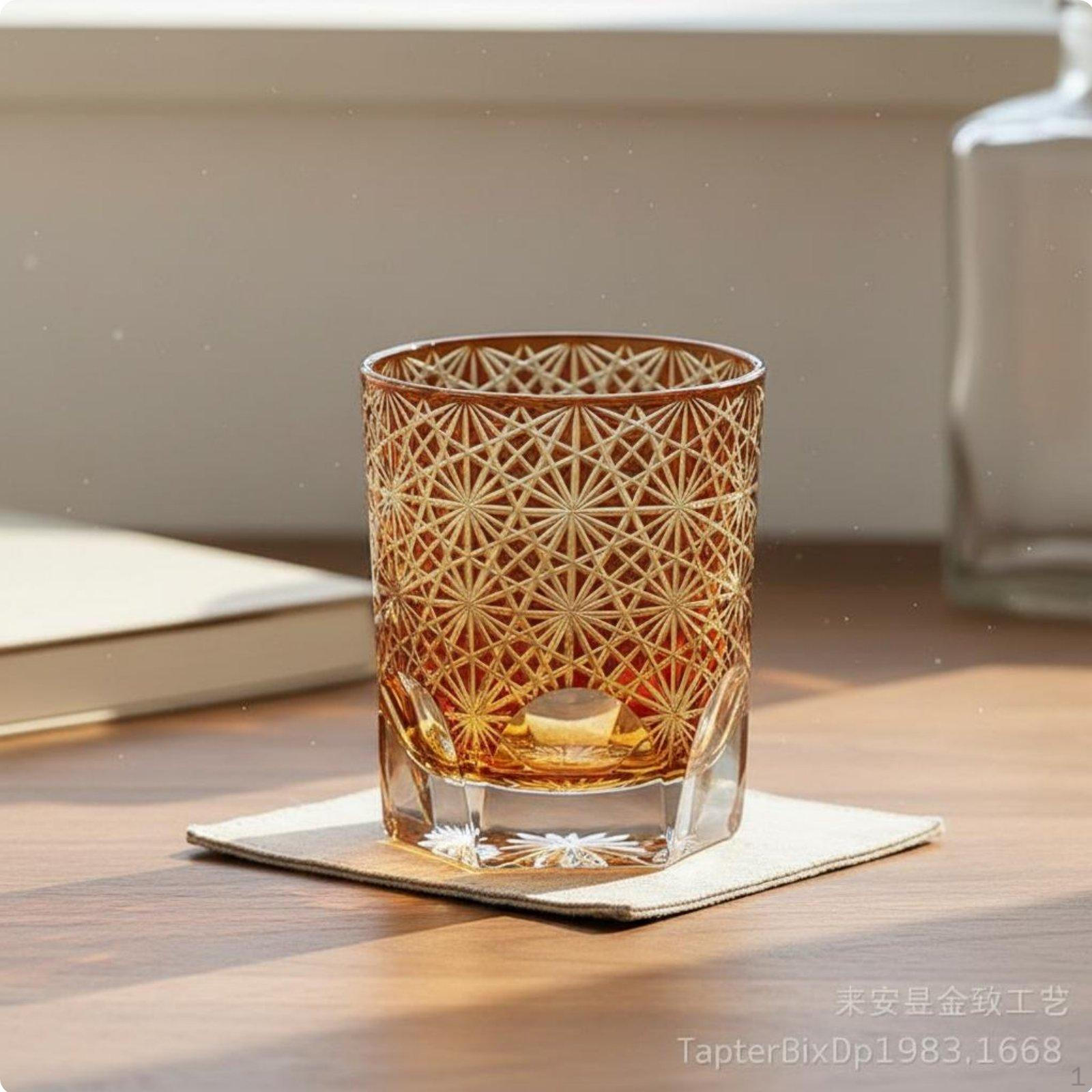 Japanese Design Glass Elegant Spirit Carved Pattern Cocktails Tumbler Cup for Home Bar Amber Red Daisy