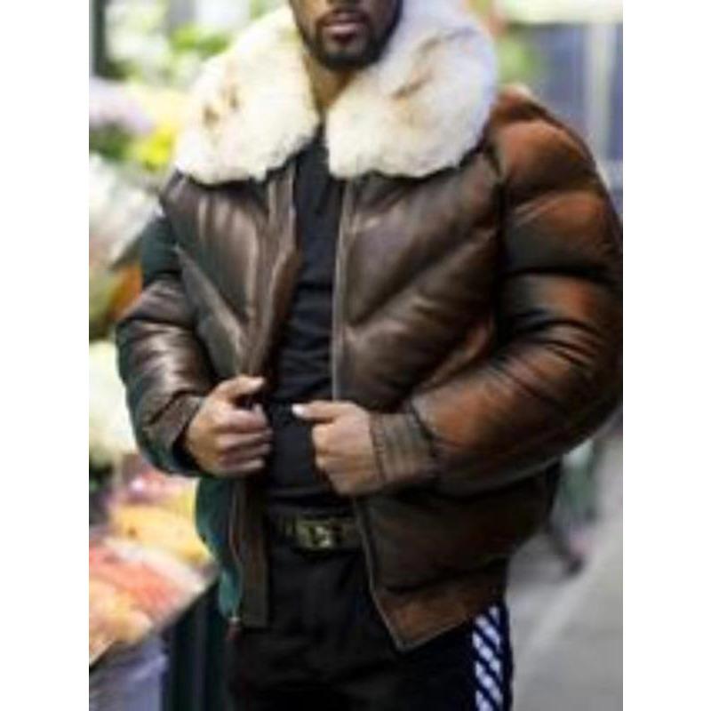 

Утолщенная мужская короткая куртка из искусственной кожи с хлопковой подкладкой, большой меховой воротник, длинные рукава XXXXL коричневый