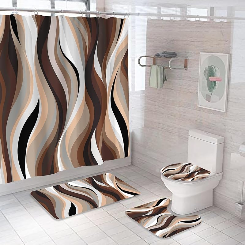 4PCS Rustic Floral Flower Sweet Love Home Fabric Shower Curtain Set, with Non-Slip Rugs, Toilet Lid Cover and Bath Mat Farmhouse Country Vintage Wood