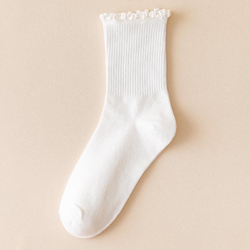 Schwarze Socken mit Ohrrand, Damen-Wadensocken, Weiße Dünne Trendige Sommer-Frotteesocken, Spitzensocken