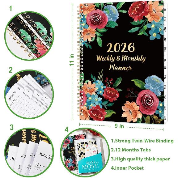2026 Planner - Planner 2026, Jan. 2026 - Dec. 2026, 9” x 11”, 2026 Planner Weekly and Monthly, 2026 Weekly Monthly Plannr with 12-Month Tabs,