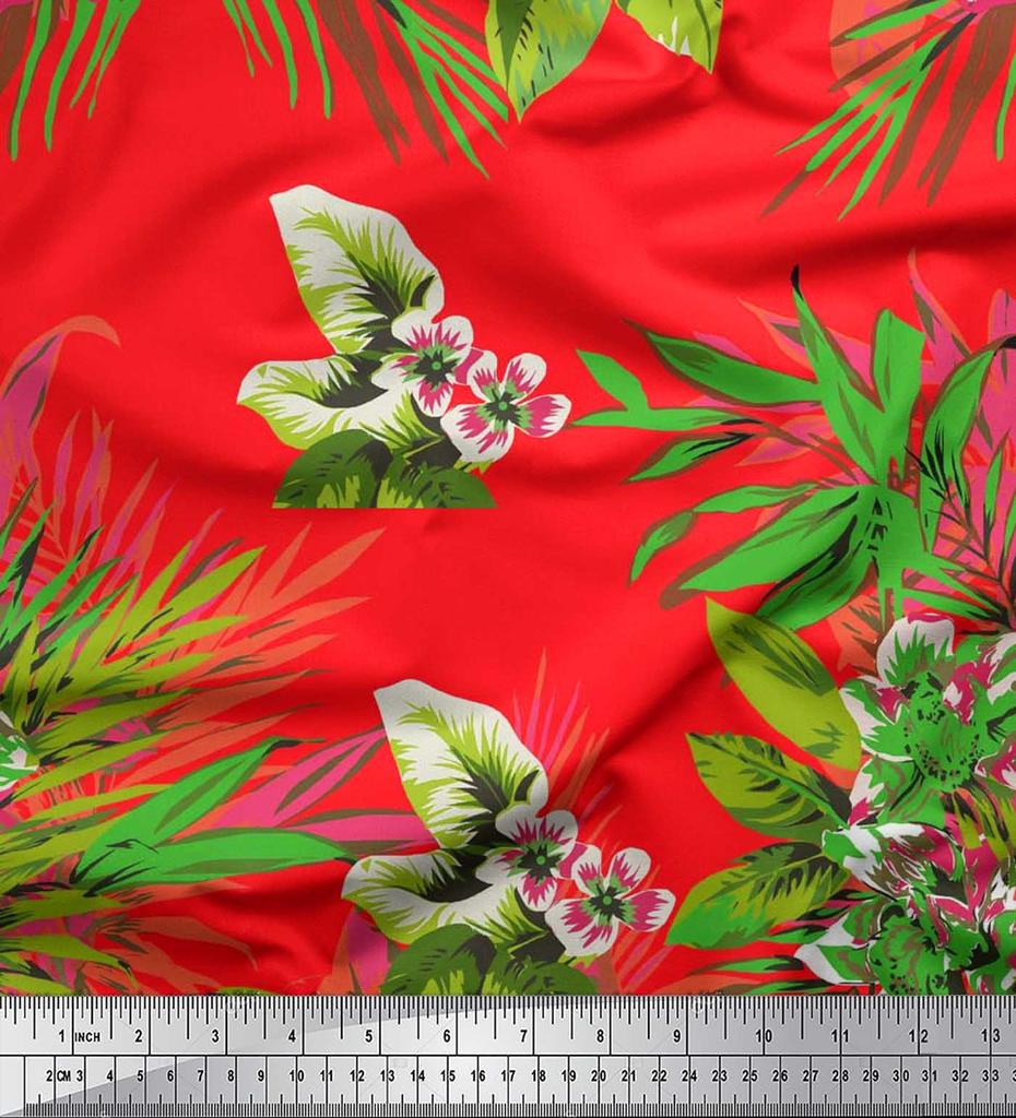 Soimoi Cotton Cambric Fabric Leaves & Lily Flower Print Sewing Fabric Metre 42 Inch