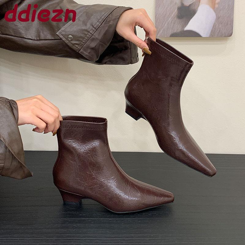 Fashion Silver Female Low Heel Women Ankle Stretch Boots Zippers Fashion Pointed Toe Ladies Modern Short Boots Pumps Shoes Lady