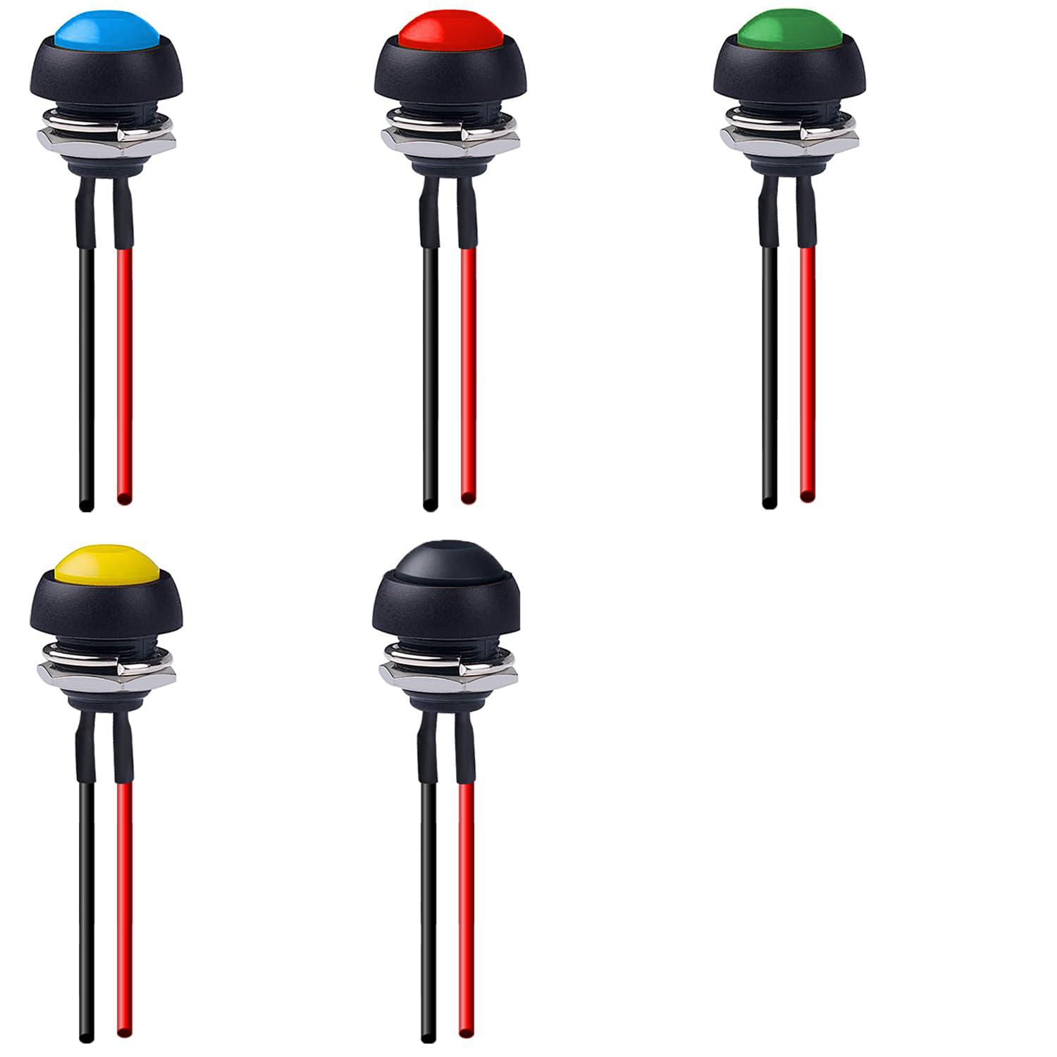 

5 шт. 12 мм миттєвий кнопковий перемикач 1/2 Монтажний отвір Увімк. Вимк. Міні-круглий водонепроникний зелений з попередньо припаяними проводами PBS-33B-GX