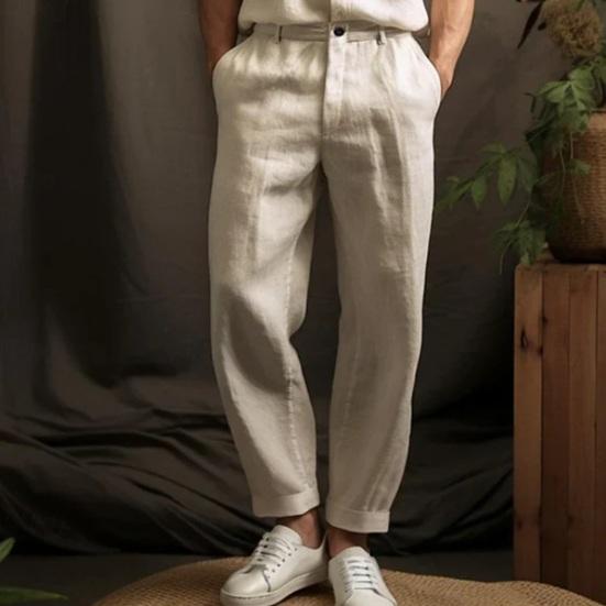 Heren Broek Middelhoge Taille Knop Rits Sluiting Casual Broek met Zakken Effen Kleur Losse Pasvorm Lichtgewicht Ademende Broek