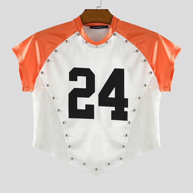 

INCERUN Мужские футболки с круглым вырезом, коротким рукавом, принтом букв, кружевной вставкой, укороченные топы 5XL оранжевый