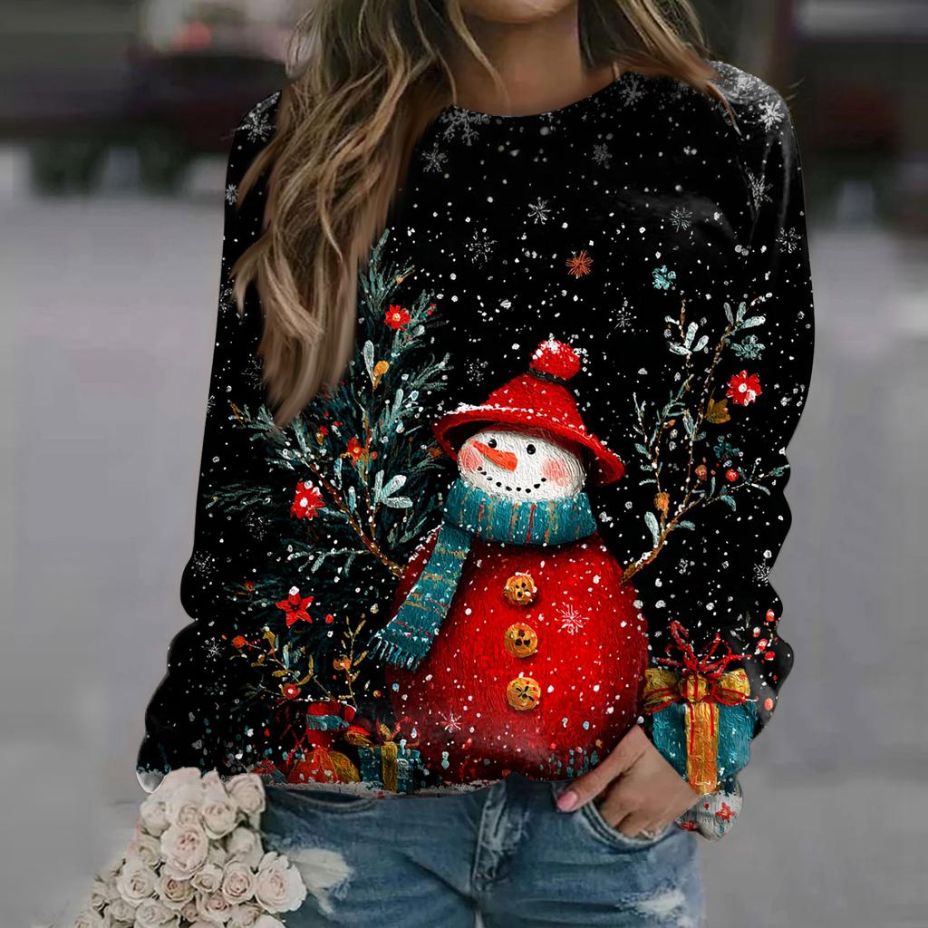 Women's Fashion Casual Long Sleeve Christmas Printed Neck Sweatshirt Top