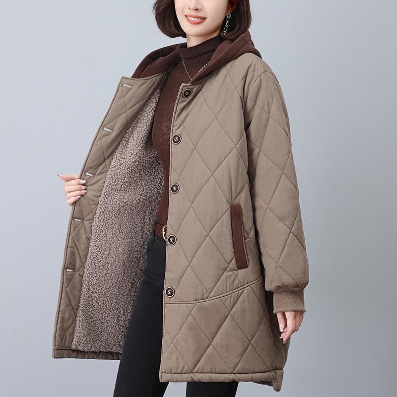 2024 Women's Mid-Length Fleece-Lined Cotton Coat - Plus Size, Loose Fit, Warm Winter Jacket for Middle-Aged Women