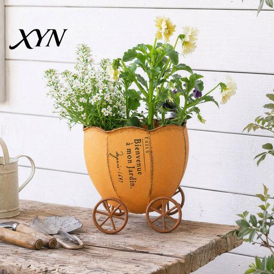 Decorative Flower Pot Retro Pumpkin Cart Planter, Metal Flowerpot with Drainage Hole, Stylish Indoor Planter Plant for Outdoor Home Garden Balcony