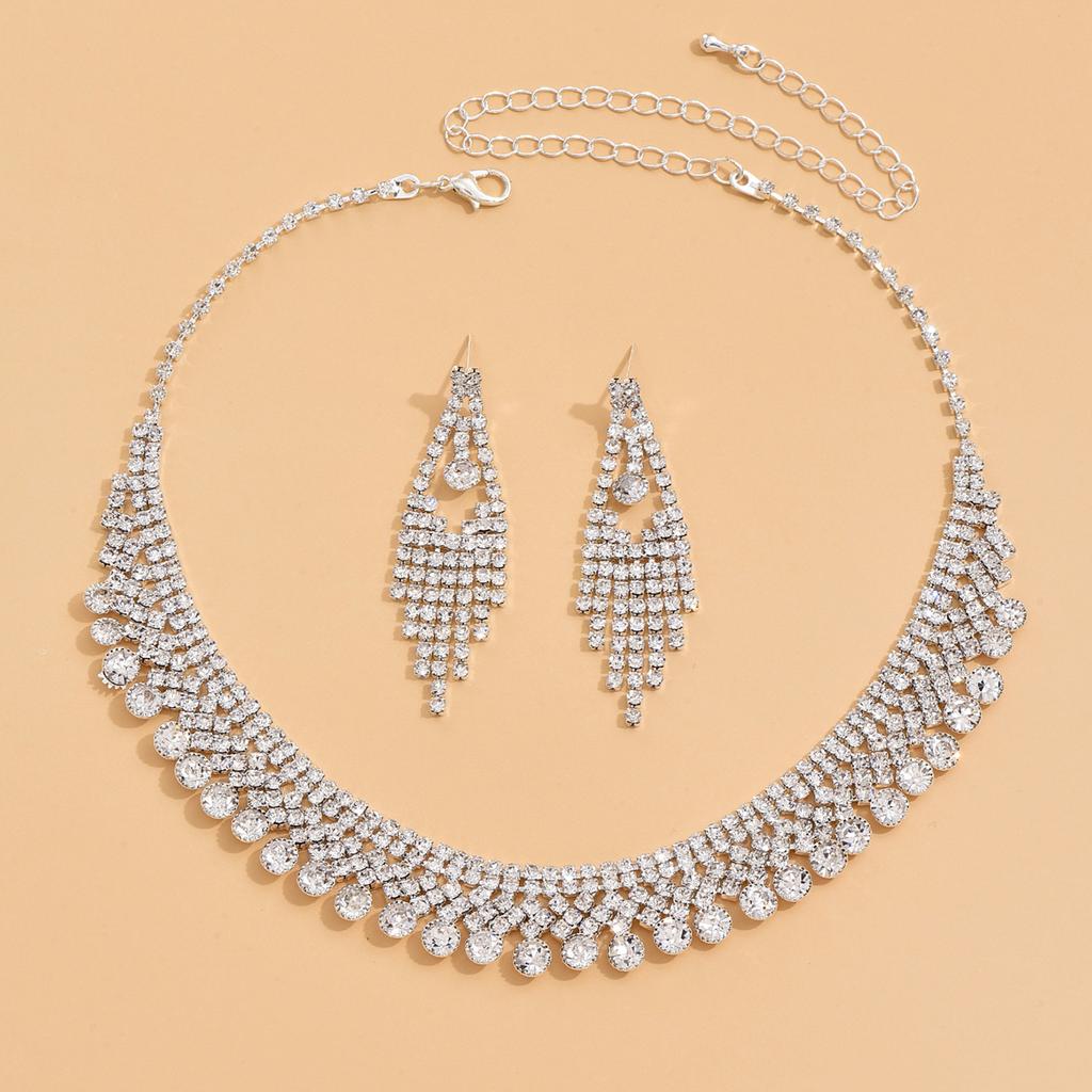 3PCS Fashion Zircon Set Tassel Water Diamond Earrings Necklace Party Fashion Accessories