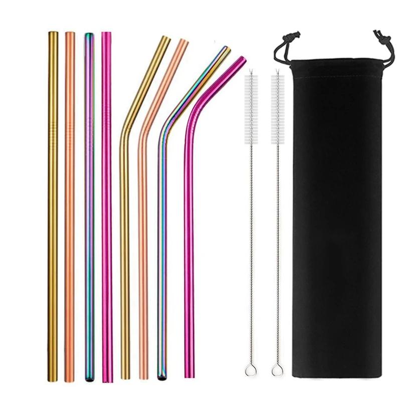 Mixing Color Reusable Metal Drinking Straws 304 Stainless Steel Straw Set with Cleaner Brush Bar Drinkware Party Accessory