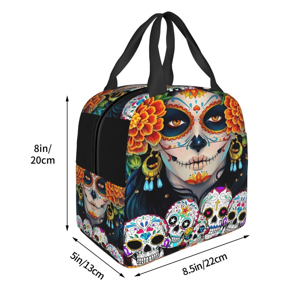 Day of The Dead Mexican Catrina Skull Print Lunch Bag Portable Thermal Cooler Insulated Bento Box for Kids Food Tote Bags