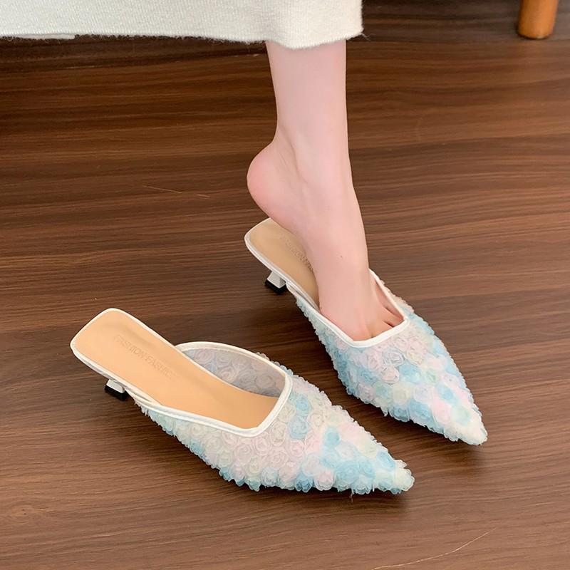 New Style Popular Small Fragrant Wind High Heel Half Slippers Spring/summer Vintage High Heels Gentle Single Shoe Sequined Shoes