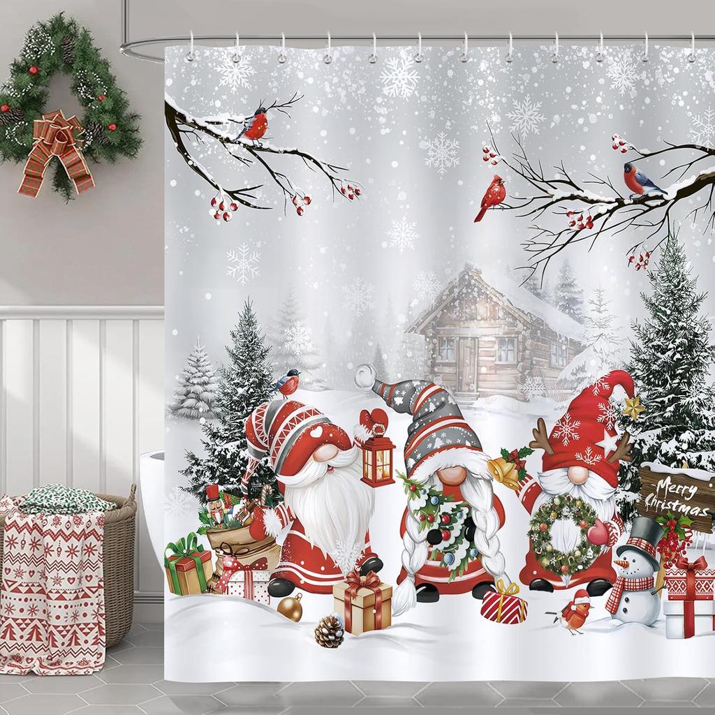 Bonhause Christmas Gnomes Shower Curtain, Xmas Tree Cardinals On Branches Grey Winter Holiday Bathroom Curtain 72 X 72 Inch Polyester Fabric