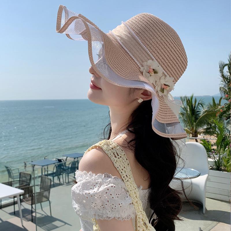 New hat women's summer small fresh straw hat sweet streamer beach hat vacation sunshade sun hat