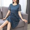 Women Dress Hollow Out Lace Round Neck Solid Color Flower Embroidery A-line