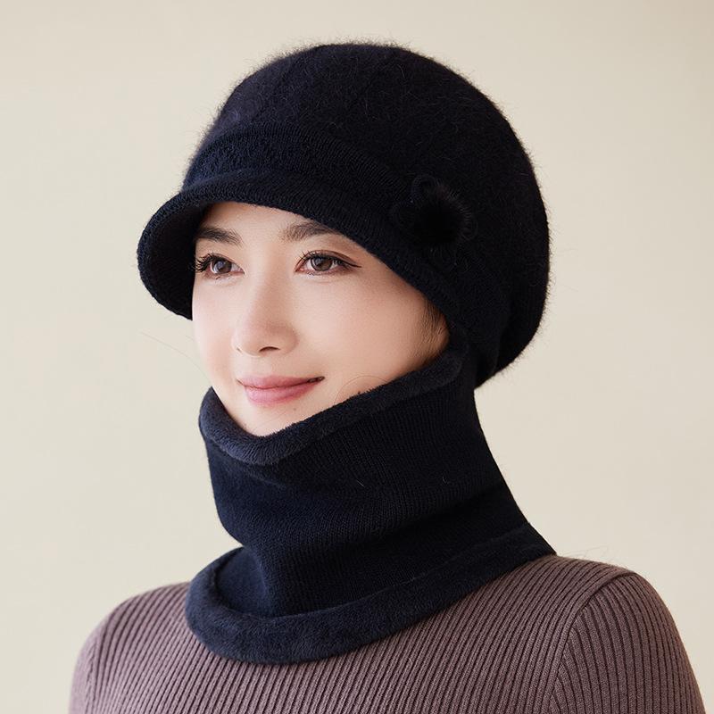 Knitted Wool Hat Scarf Integrated Women's Winter Velvet Thickened Warm In The Elderly Cycling Cold Hat