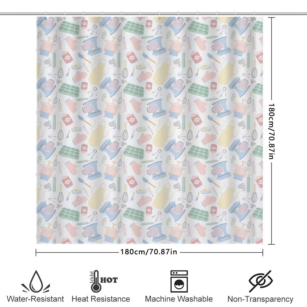 Kitchen Pattern Shower Curtain Decor Pastel Colors Cooking Utensils Print For Bathroom Accessories In Home Kitchen
