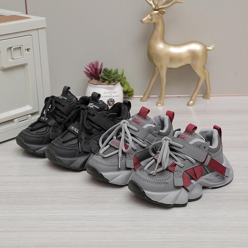 Girls' leather sneakers lace-up 2025 autumn new children's middle-aged and older children's running shoes soft-soled boys' single shoes trend