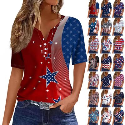 Women's T Shirt  Independence Day Print Button Short Sleeve Daily Weekend Fashion Basic V- Neck Regular Top